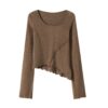 Irregular-Hem Long-Sleeve Top with Maillard Aesthetic