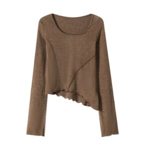 Irregular-Hem Long-Sleeve Top with Maillard Aesthetic