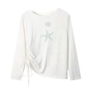 "Effortless Chic" Off-Shoulder Printed Long-Sleeve White Top