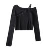 Black Long-Sleeve Top with Asymmetrical Neckline
