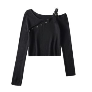 Black Long-Sleeve Top with Asymmetrical Neckline