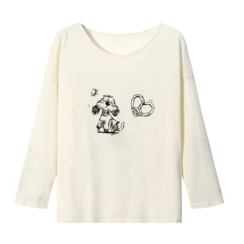 Hand-Drawn Puppy Print Long-Sleeve Top β White